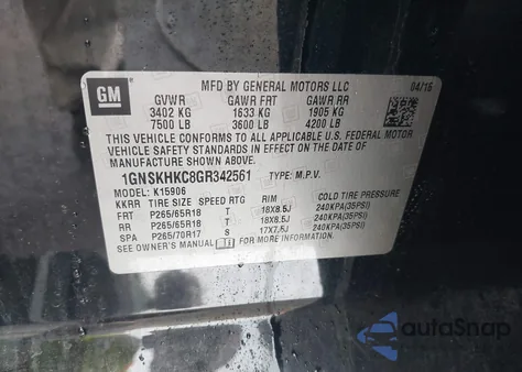 2016 Chevrolet Suburban Lt z USA, uszkodzony, nr VIN 1GNSKHKC8GR342561